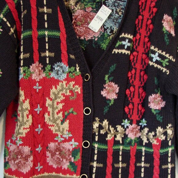 Talbots Hand Knit Chunky Cardigan Sweater Floral Tapestry Cottagecore NEW Large - Picture 7 of 16